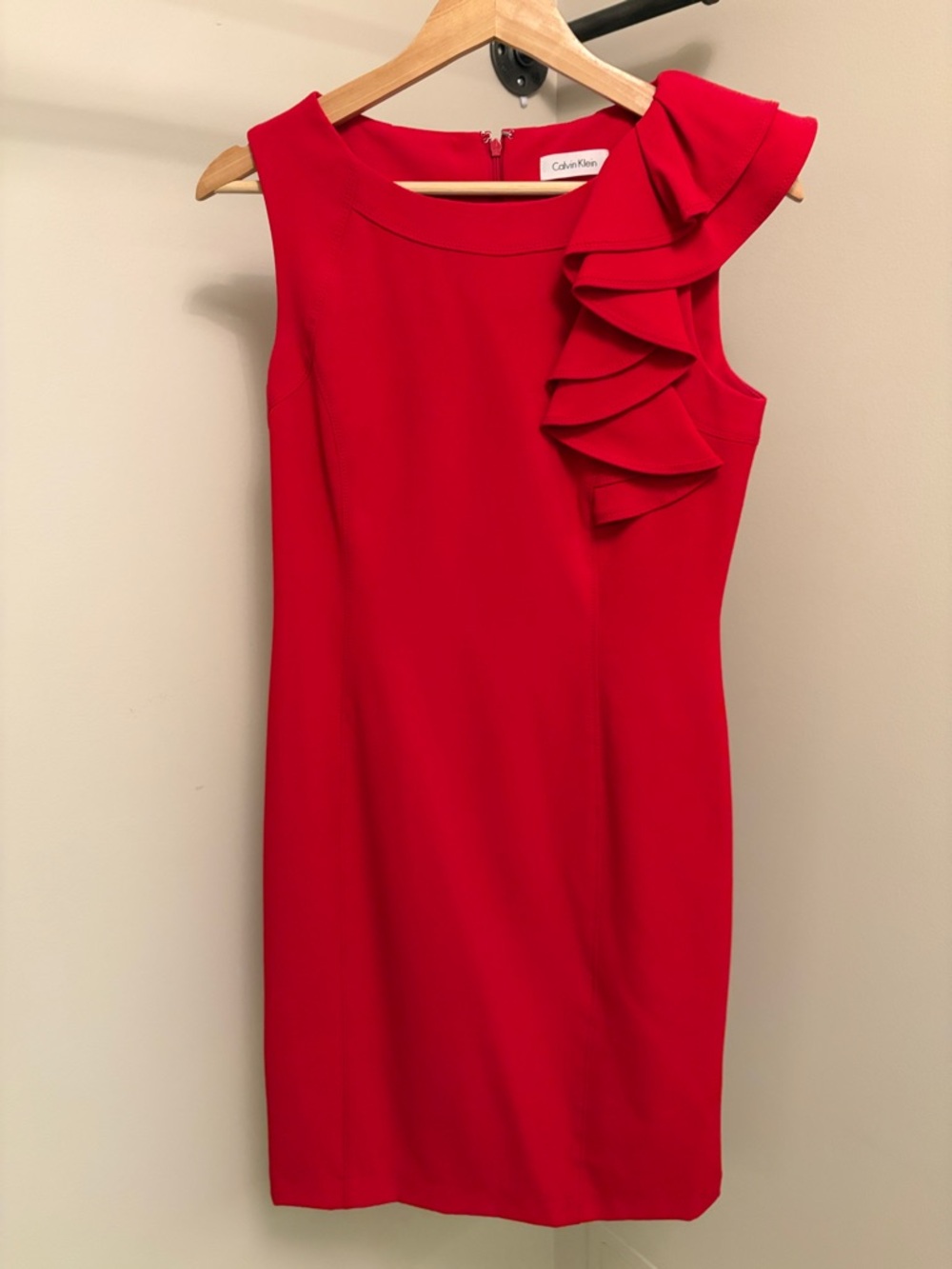 Calvin Klein Red One-Shoulder Ruffle Sheath Dress
